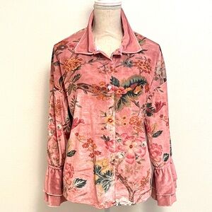 Floral Pink Velvet Women's Top With Ruffle Sleeves